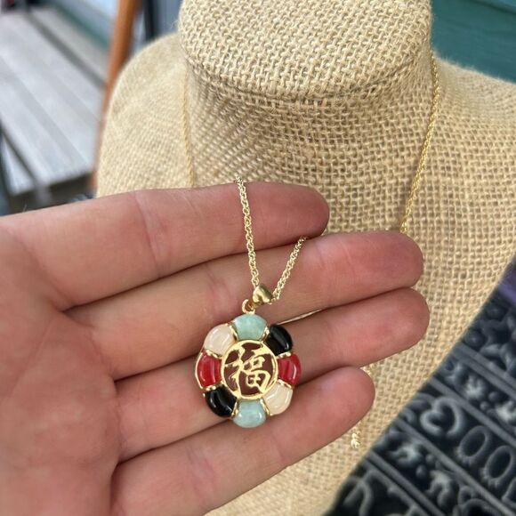 Vintage Gold-tone Necklace w/Onyx, Carnelian, Jade Stones & Blessing Character. - Picture 4 of 7
